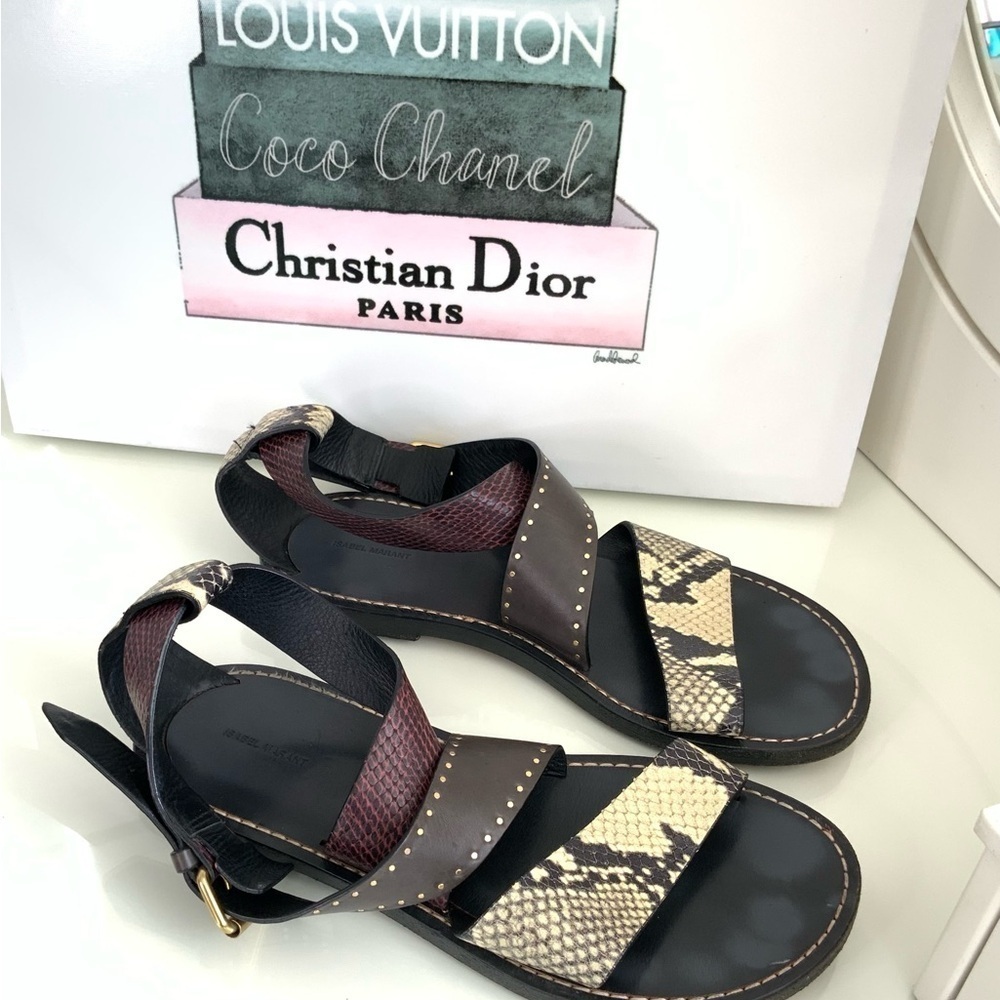 ISABEL MARANT JUZEE FLAT SNAKE-PRINT CRISSCROSS SANDALS - Picture 1 of 6